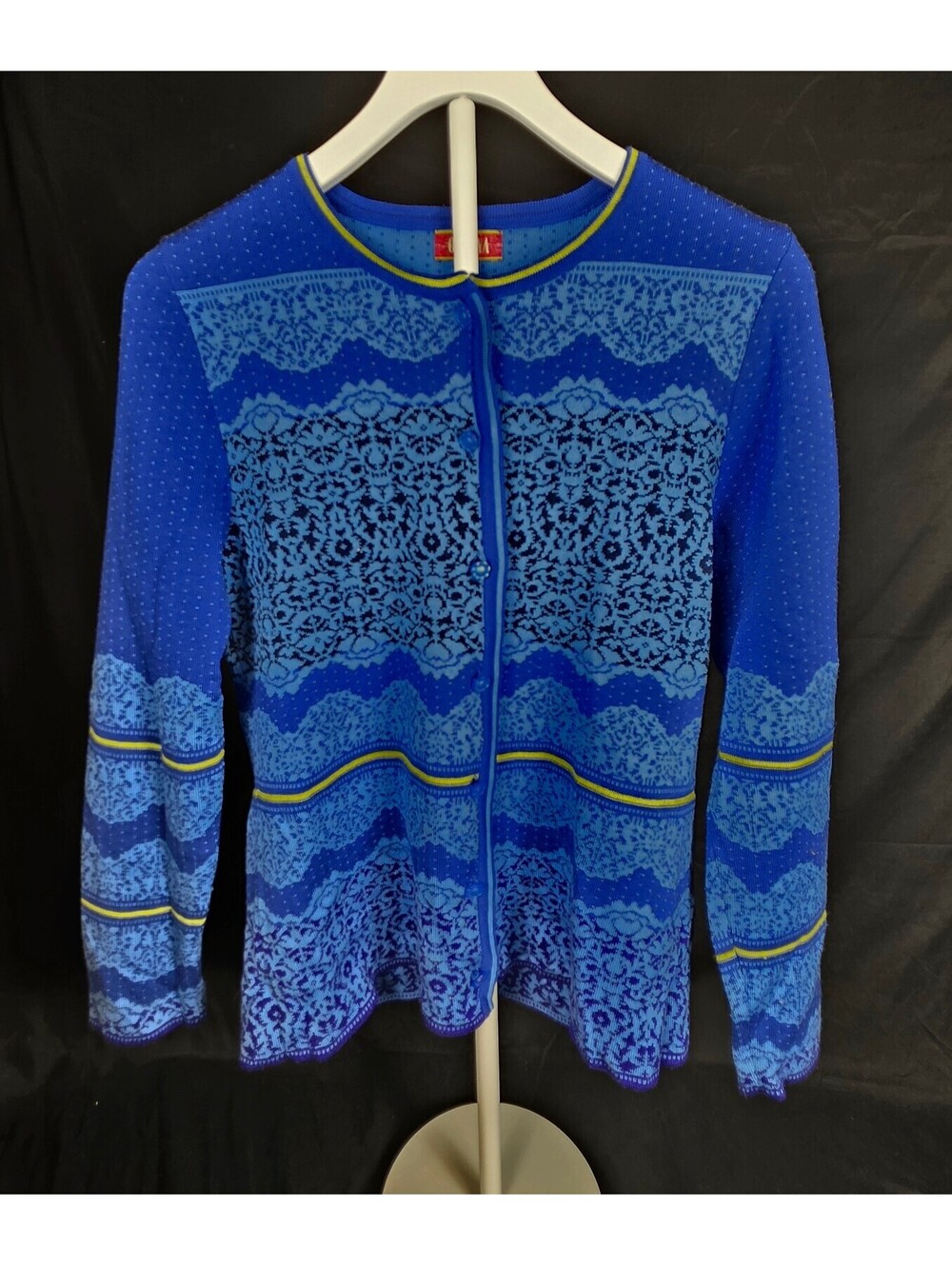 Oleana Norway Merino Wool Silk Cardigan & Matching Wrist Warmers Set Blue size M